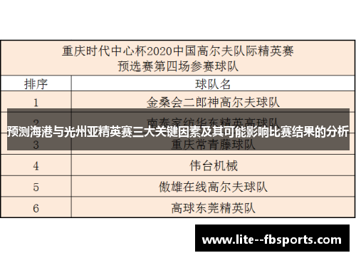 预测海港与光州亚精英赛三大关键因素及其可能影响比赛结果的分析 预测海港与光州亚精英赛三大关键因素及其可能影响比赛结果的分析